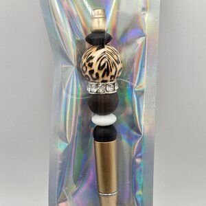 Gold Beaded Pen with Leopard Print, Rhinestones & Spare Ink Cartridge - Handmade